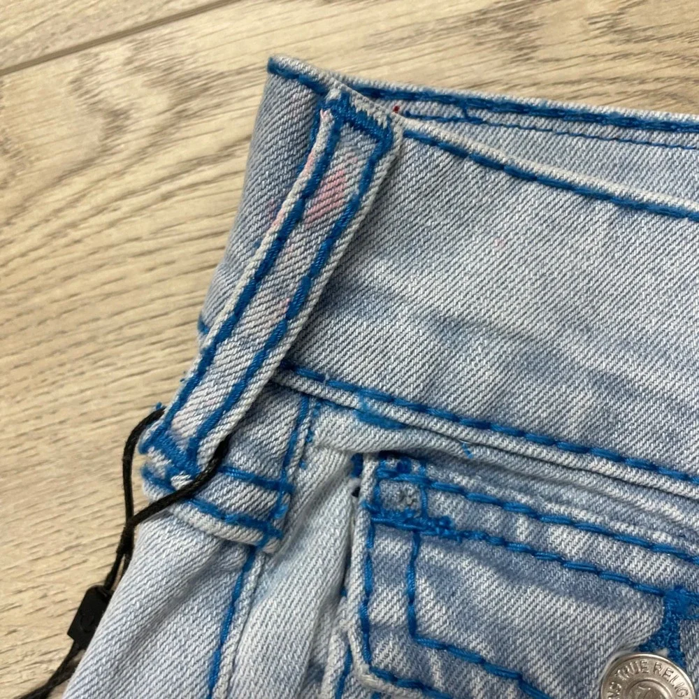 True Religion Geno Big T Flap Slim Jeans Mens 32 Light Blue Distressed 701454